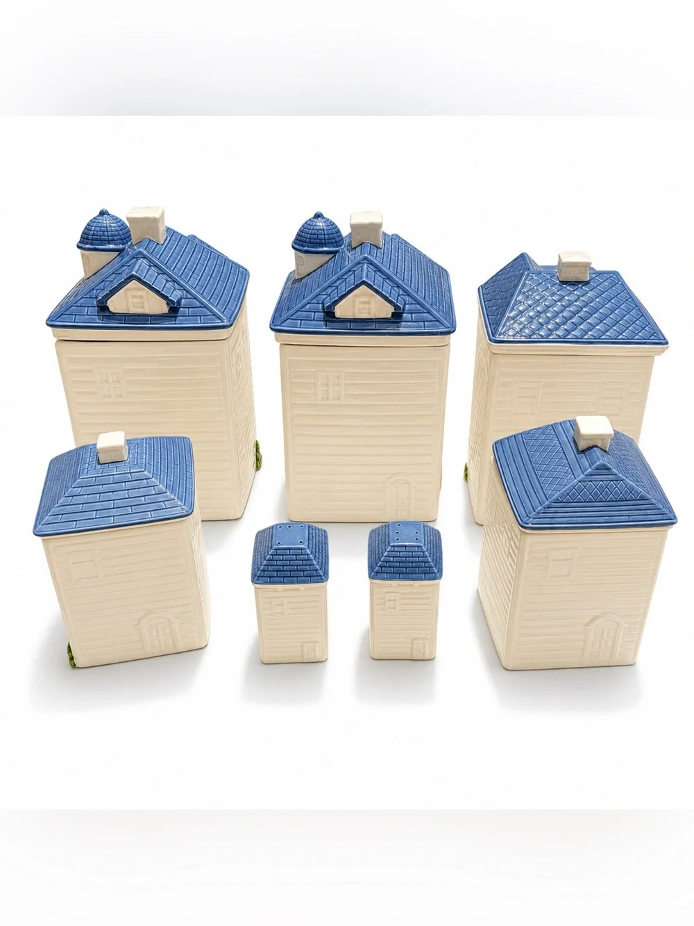 Vintage 1988 Hearth & Home Ceramic House Canister Set Blue Pink 7 Piece Kitchen